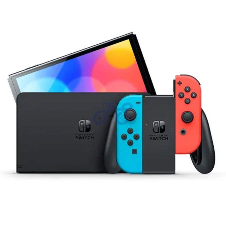 nintendo switch oled model with neon blue and neon red joy con