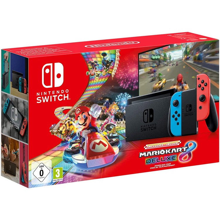 nintendo switch with neon blue and neon red joycon mari kart 8 deluxe bundle
