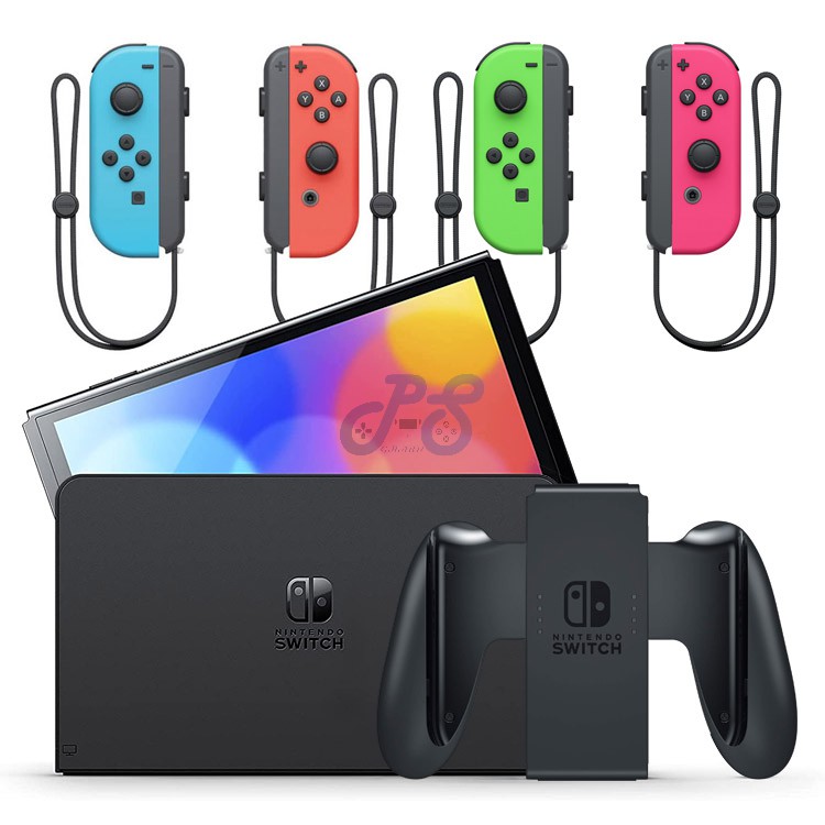 nintendo switch oled with neon blue and neon red joycon joycon neon pink and neon green