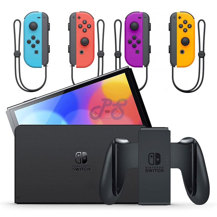 nintendo switch oled with neon blue and neon red joycon joycon neon purpleneon orange