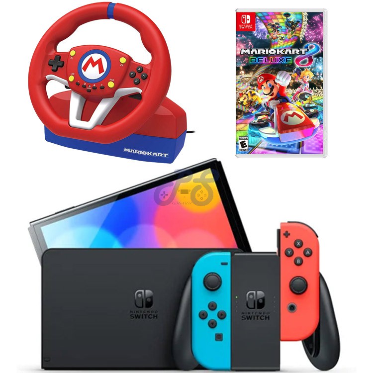 nintendo switch oled with neon blue and neon red joycon mini racing bundle